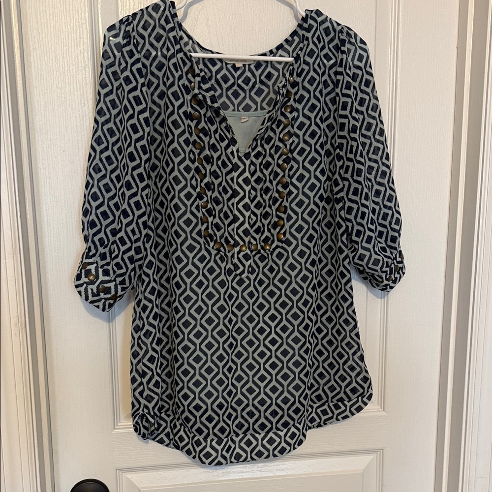 Geometric Patterned Blue and Teal Women's Top